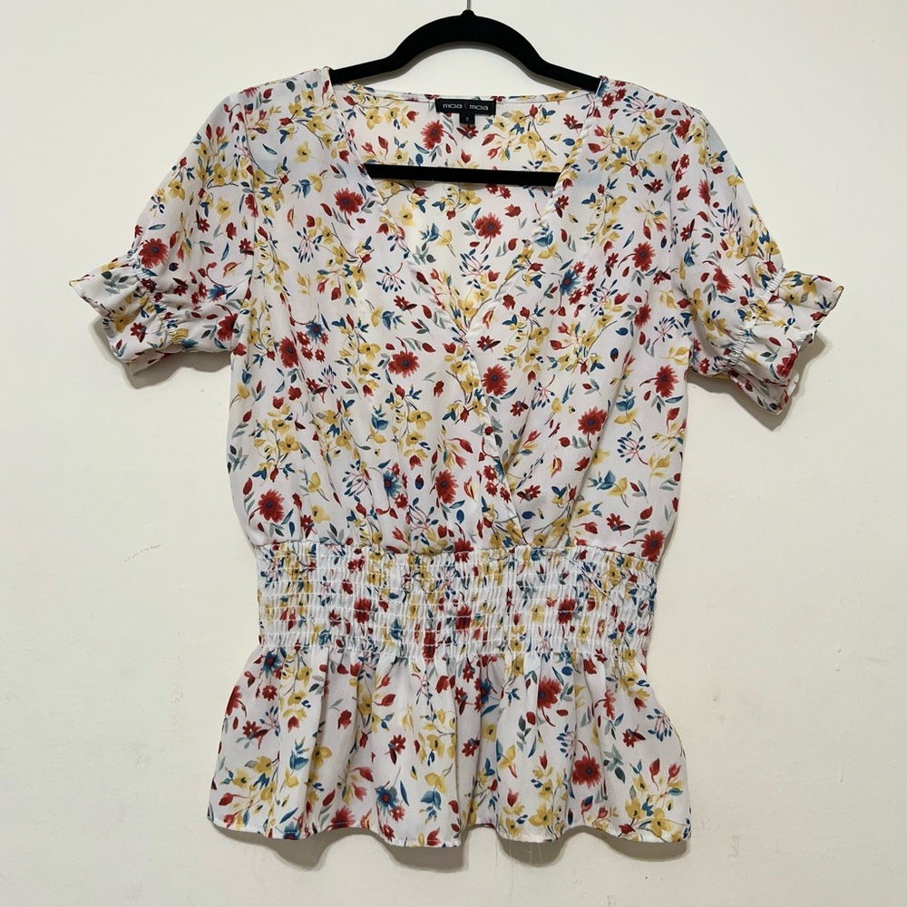 Moa Moa White Floral Wrap blouse with Red & Yellow Blooms